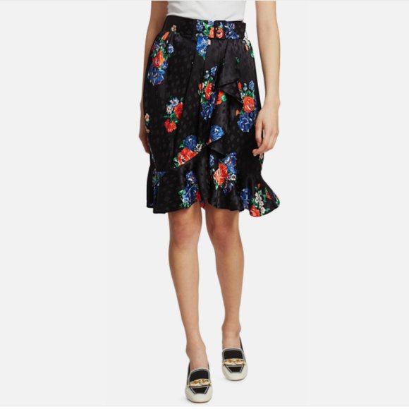 TORY BURCH NAVY TEA ROSE FLORAL PRINT FAUX WRAP SILK SKIRT Midi